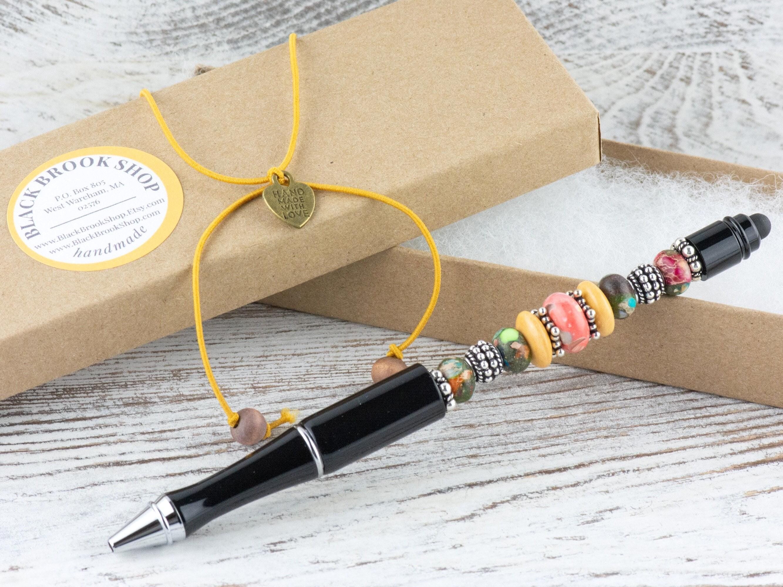 Moon Over Miami Beaded Black Stylus Pen • Lampwork Glass Beads • Metal Ballpoint