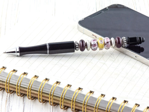 After the Rain Beaded Black Stylus Pen • Lampwork Glass Beads • Metal Ballpoint