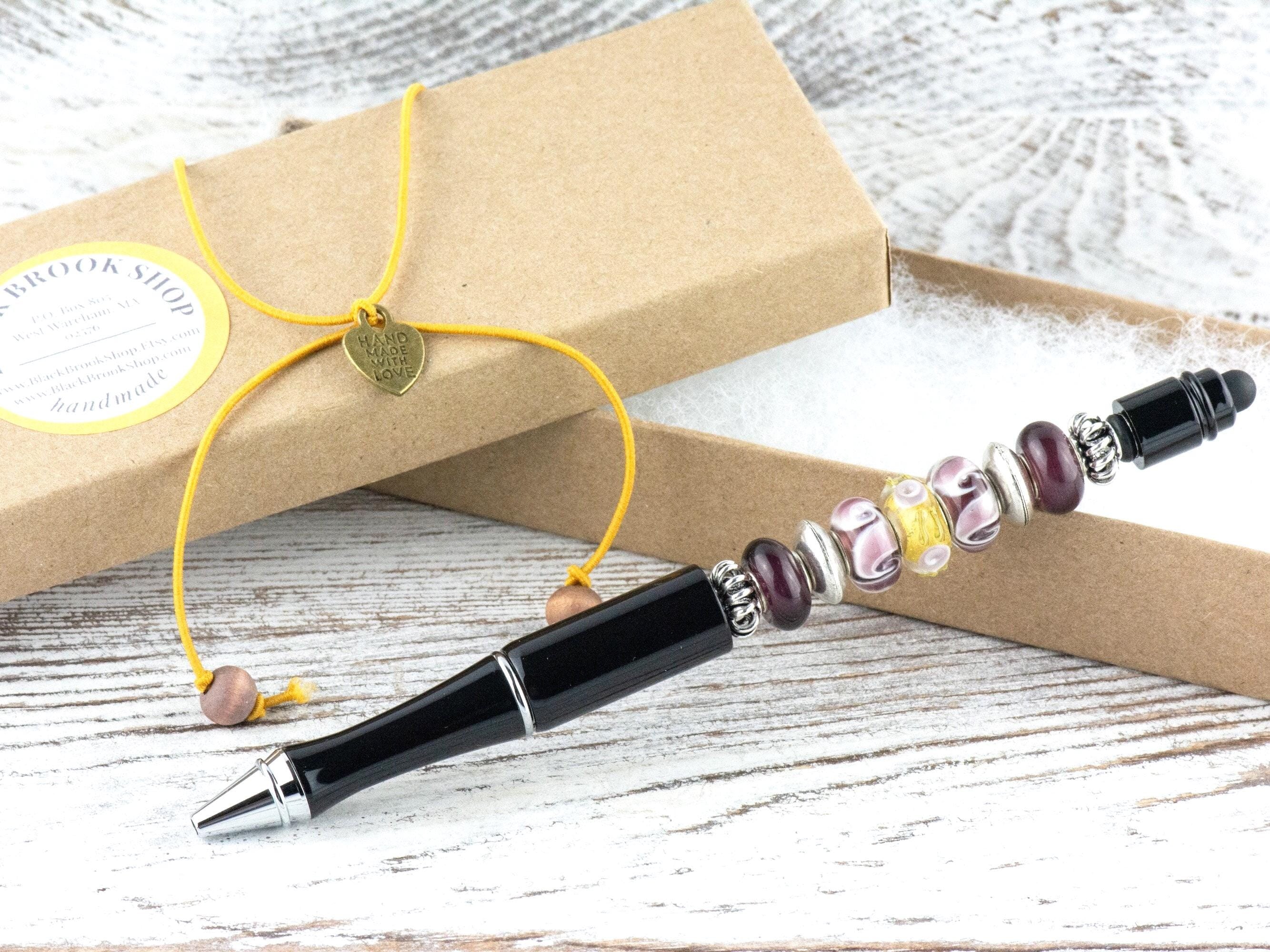 After the Rain Beaded Black Stylus Pen • Lampwork Glass Beads • Metal Ballpoint