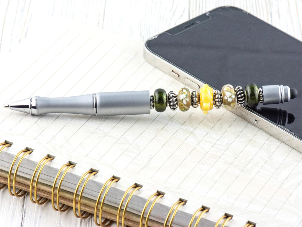 Spring in the City Beaded Silver Stylus Pen • Lampwork Glass Beads • Metal Ballpoint