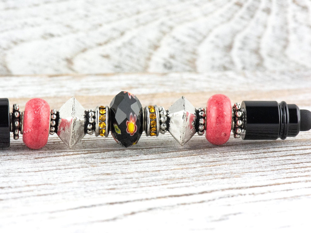 Midnight Rose Beaded Black Stylus Pen • Lampwork Glass Beads • Metal Ballpoint