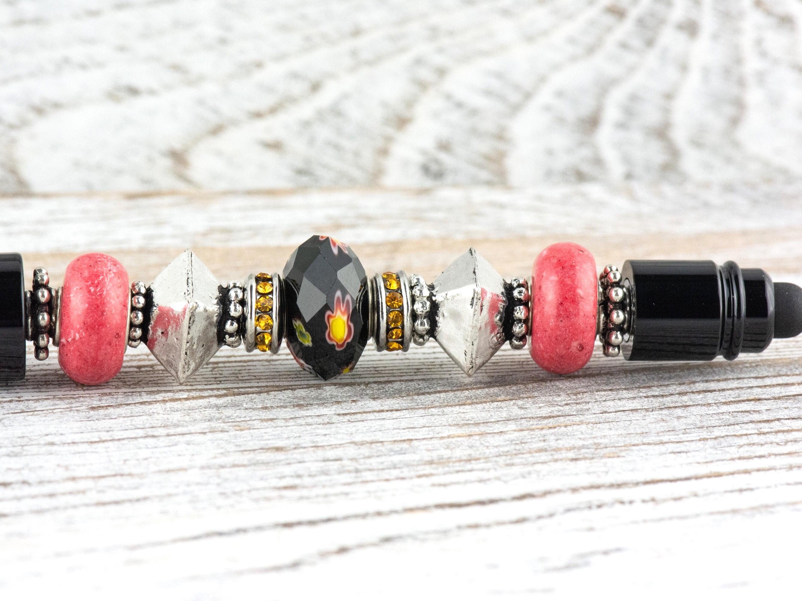 Midnight Rose Beaded Black Stylus Pen • Lampwork Glass Beads • Metal Ballpoint