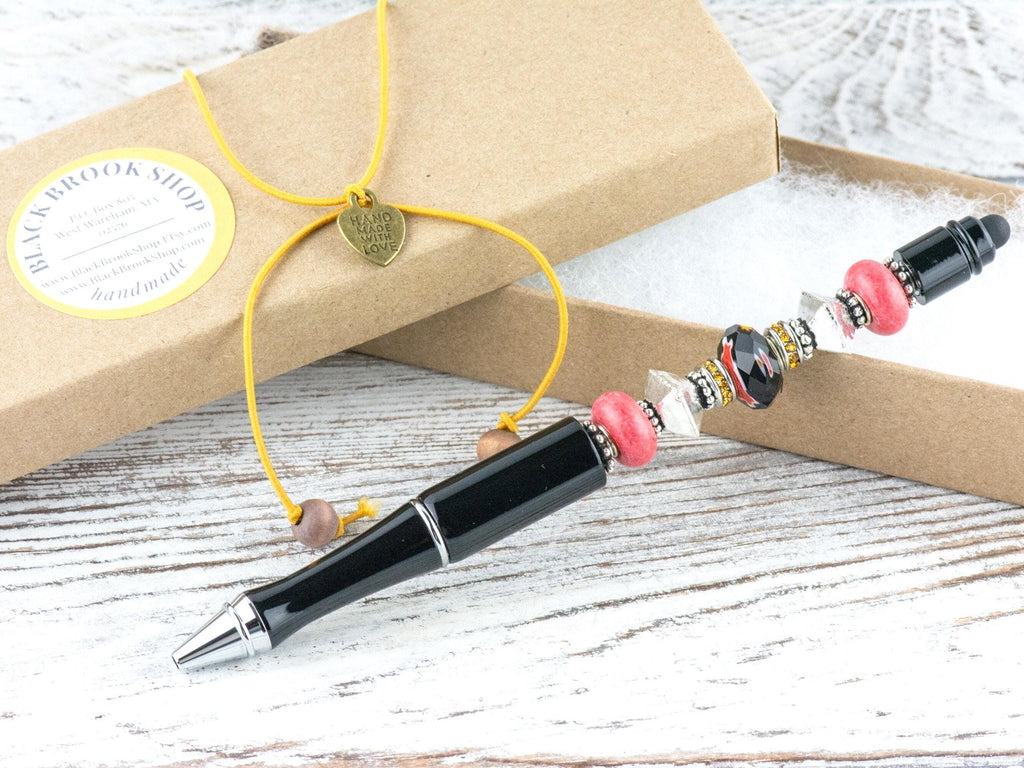 Midnight Rose Beaded Black Stylus Pen • Lampwork Glass Beads • Metal Ballpoint