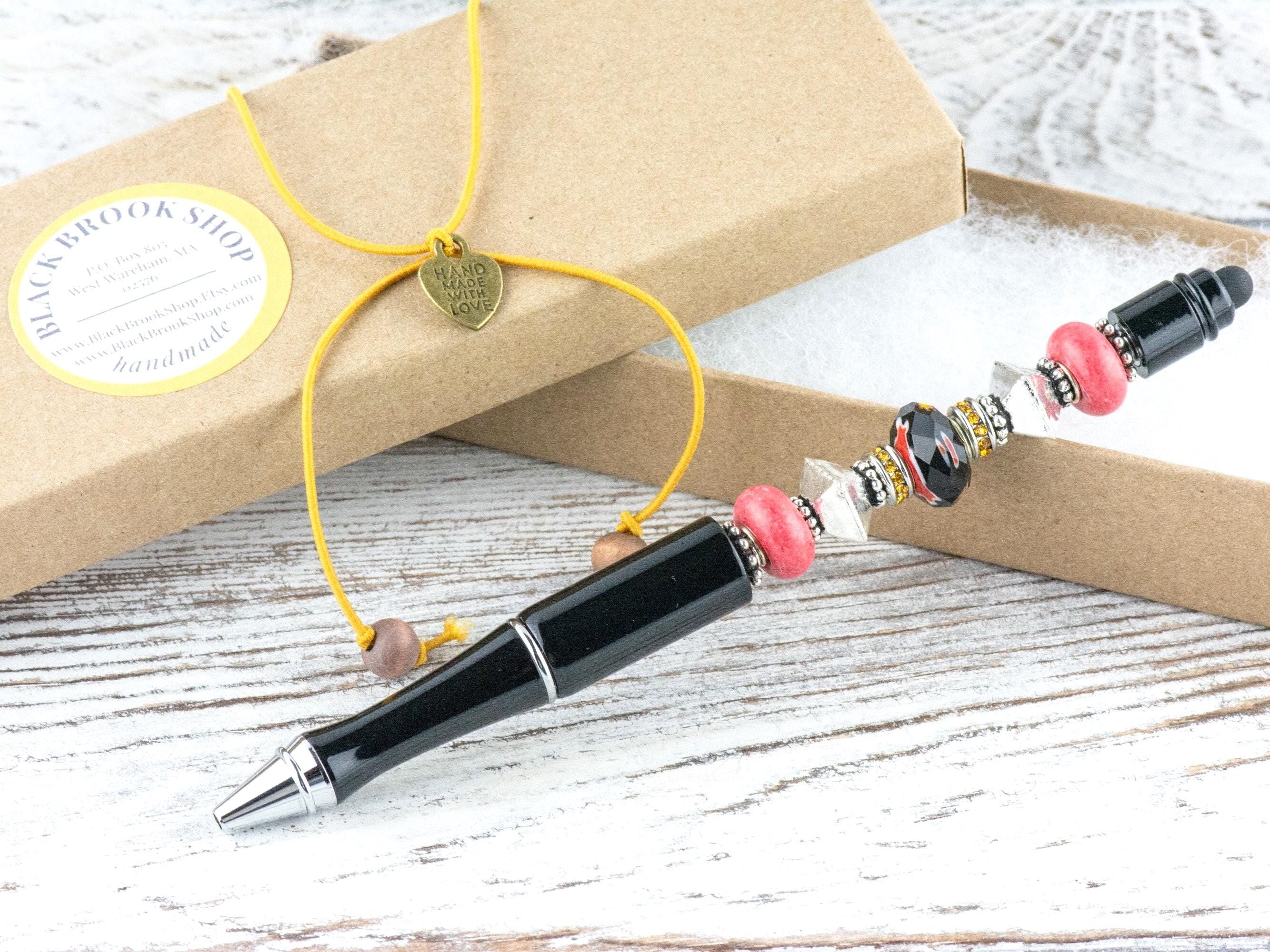 Midnight Rose Beaded Black Stylus Pen • Lampwork Glass Beads • Metal Ballpoint