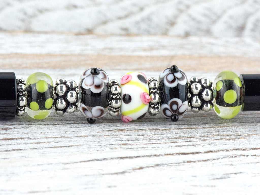 Floral Pop Beaded Black Stylus Pen • Lampwork Glass Beads • Metal Ballpoint