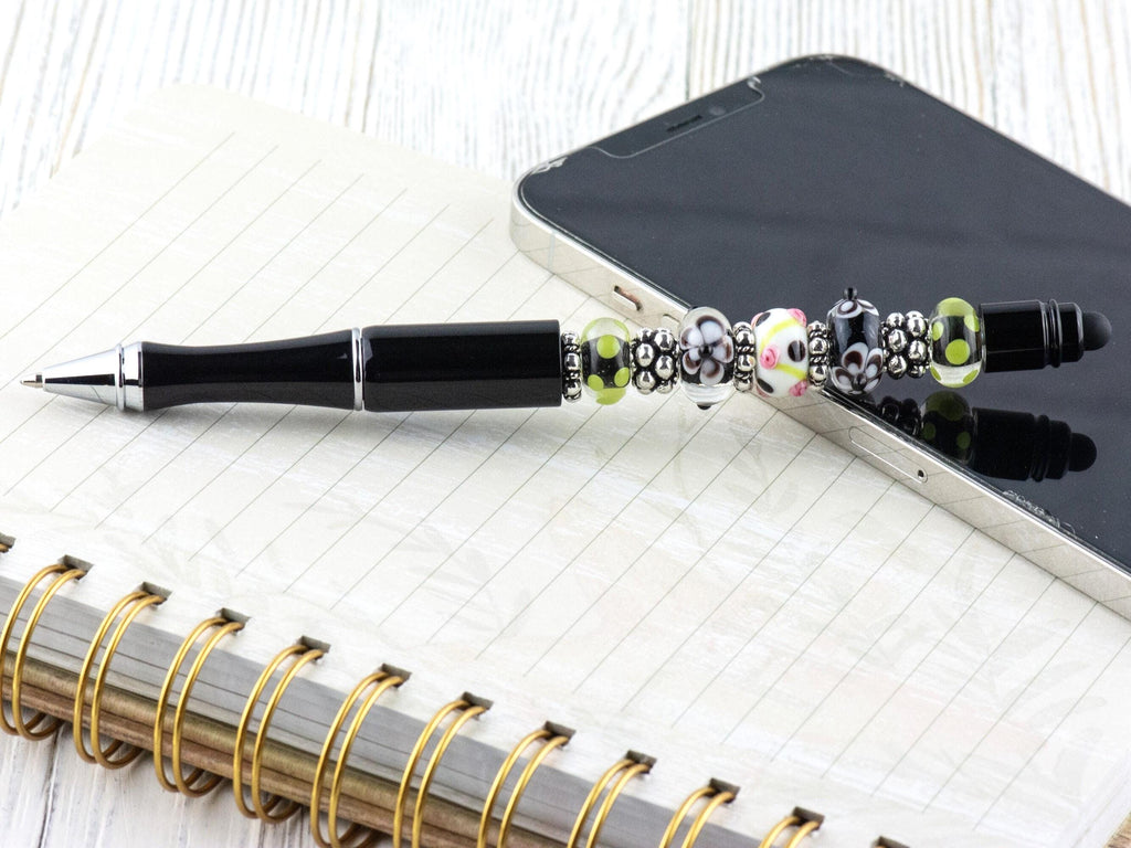Floral Pop Beaded Black Stylus Pen • Lampwork Glass Beads • Metal Ballpoint