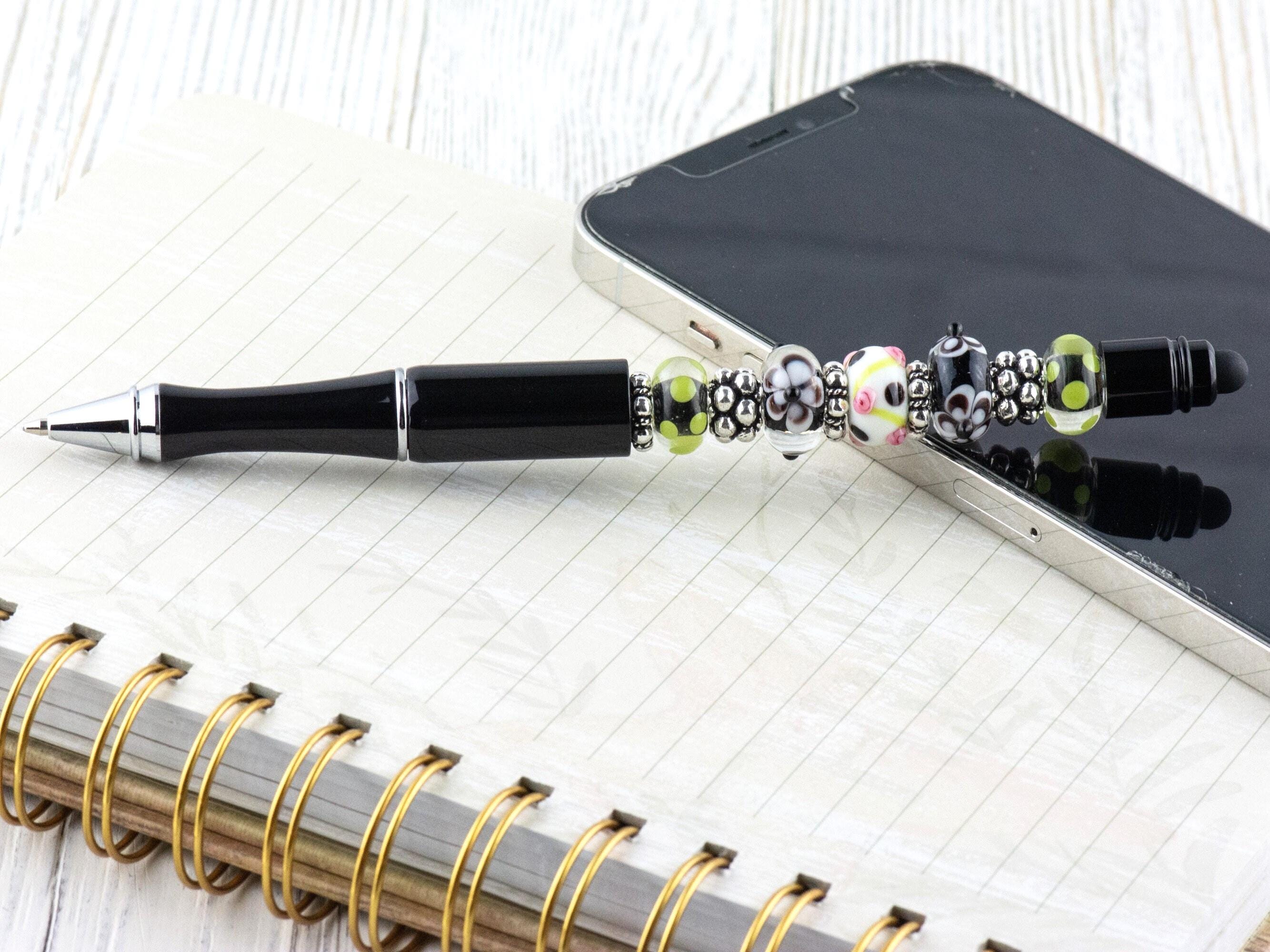 Floral Pop Beaded Black Stylus Pen • Lampwork Glass Beads • Metal Ballpoint