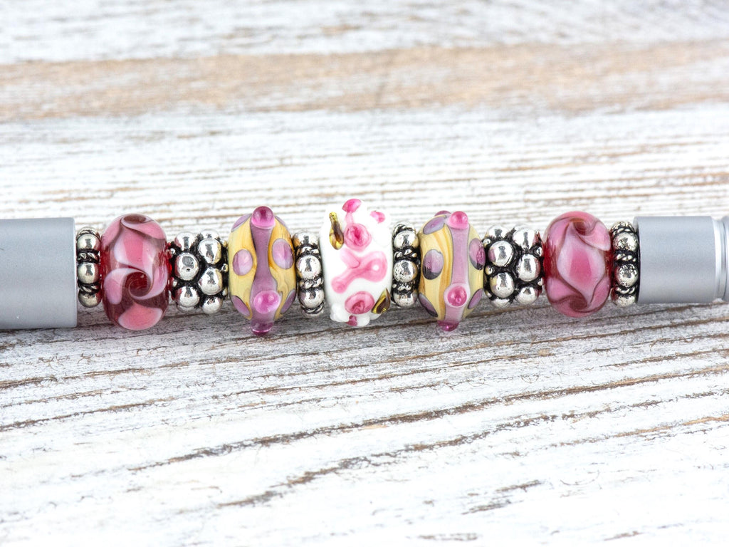 Pink Ribbon Breast Cancer Awareness Beaded Silver Stylus Pen • Lampwork Glass Beads • Metal Ballpoint