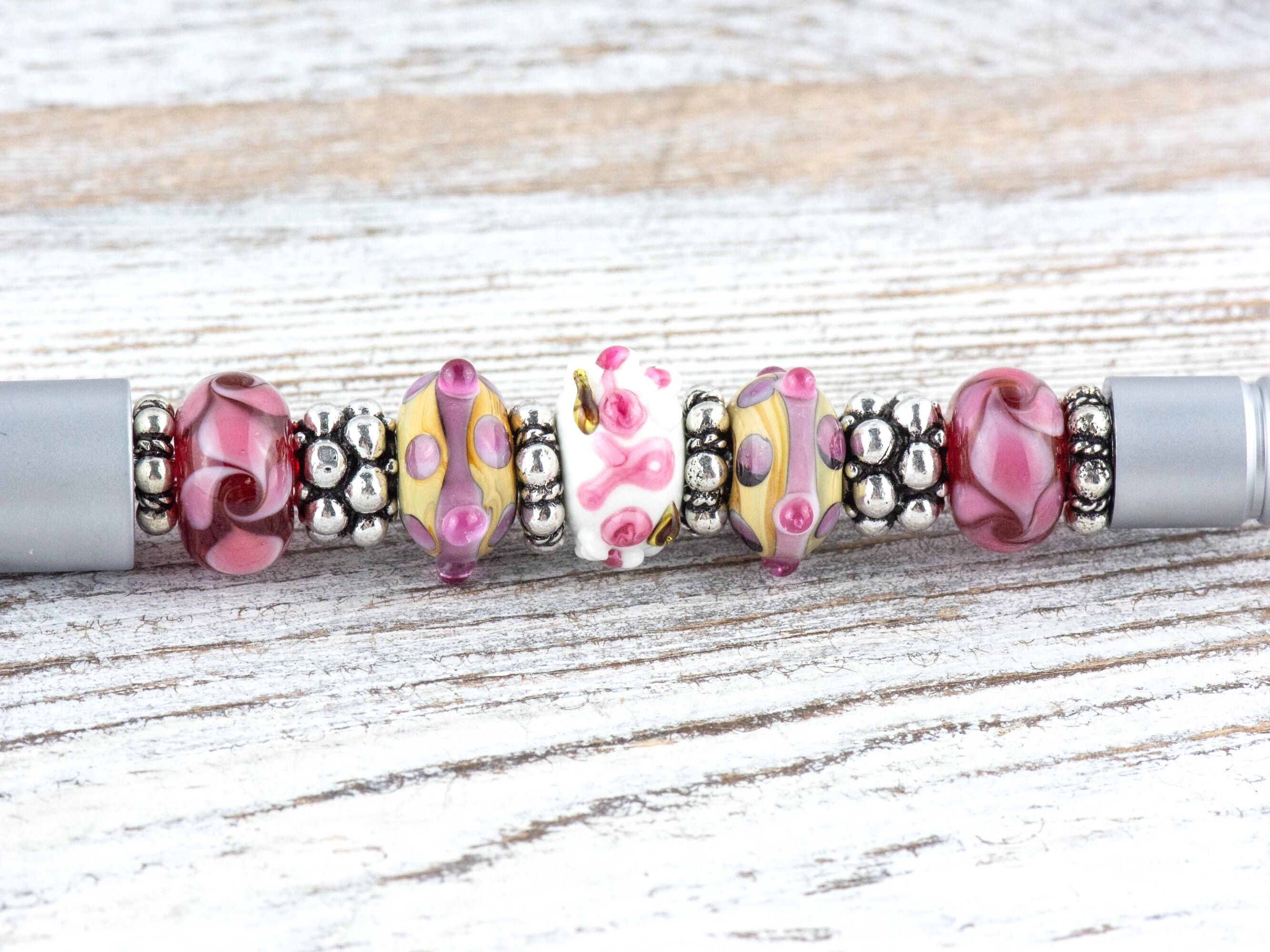 Pink Ribbon Breast Cancer Awareness Beaded Silver Stylus Pen • Lampwork Glass Beads • Metal Ballpoint