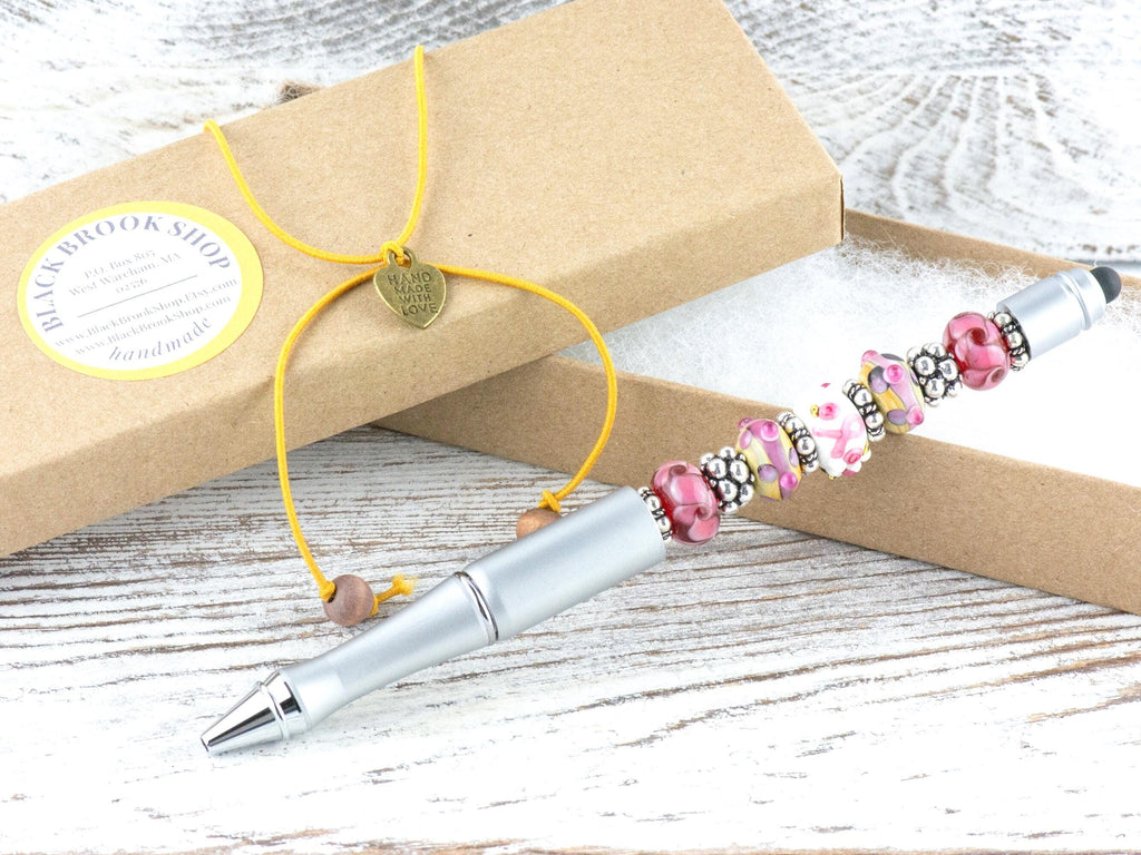 Pink Ribbon Breast Cancer Awareness Beaded Silver Stylus Pen • Lampwork Glass Beads • Metal Ballpoint