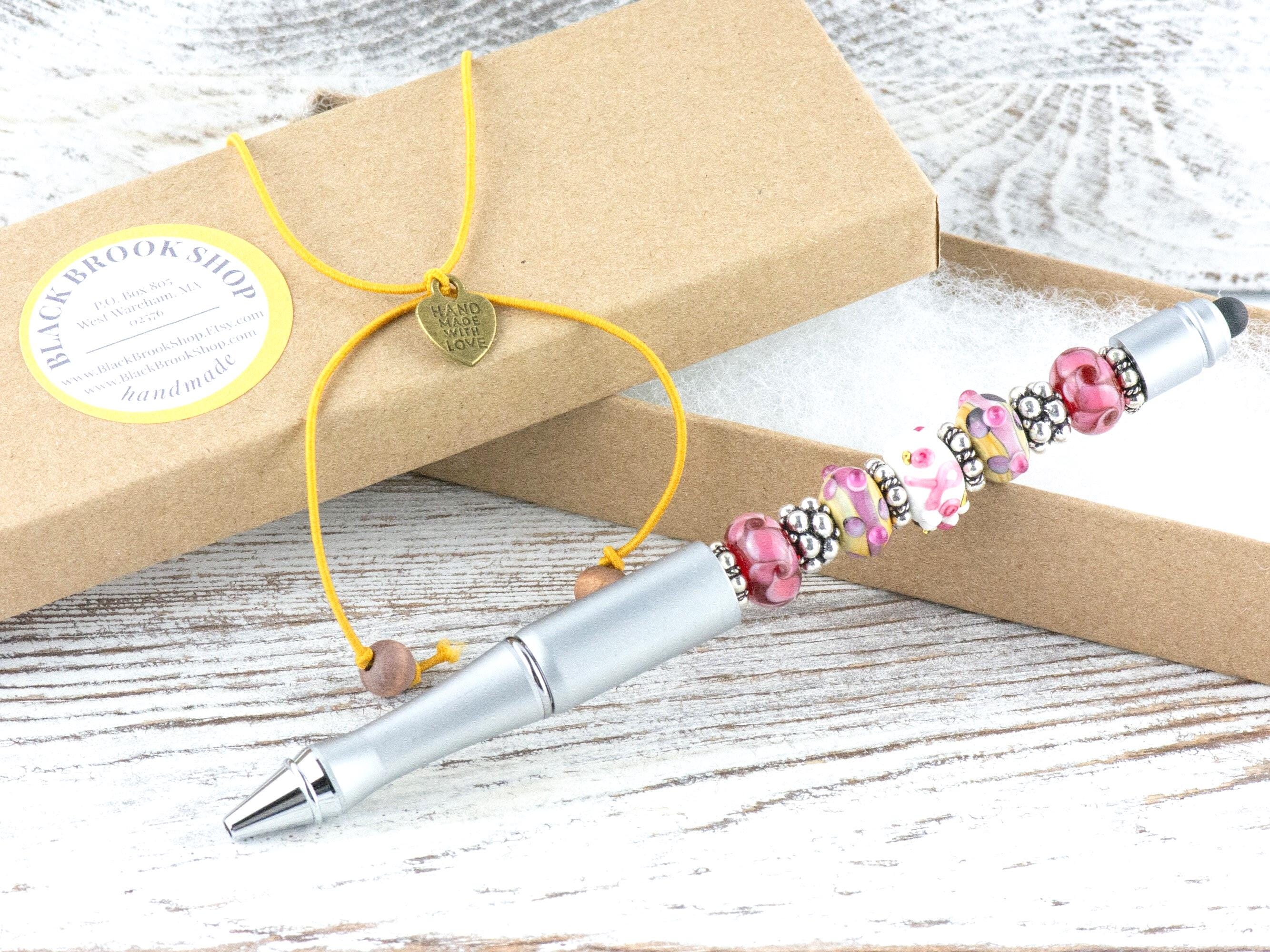 Pink Ribbon Breast Cancer Awareness Beaded Silver Stylus Pen • Lampwork Glass Beads • Metal Ballpoint