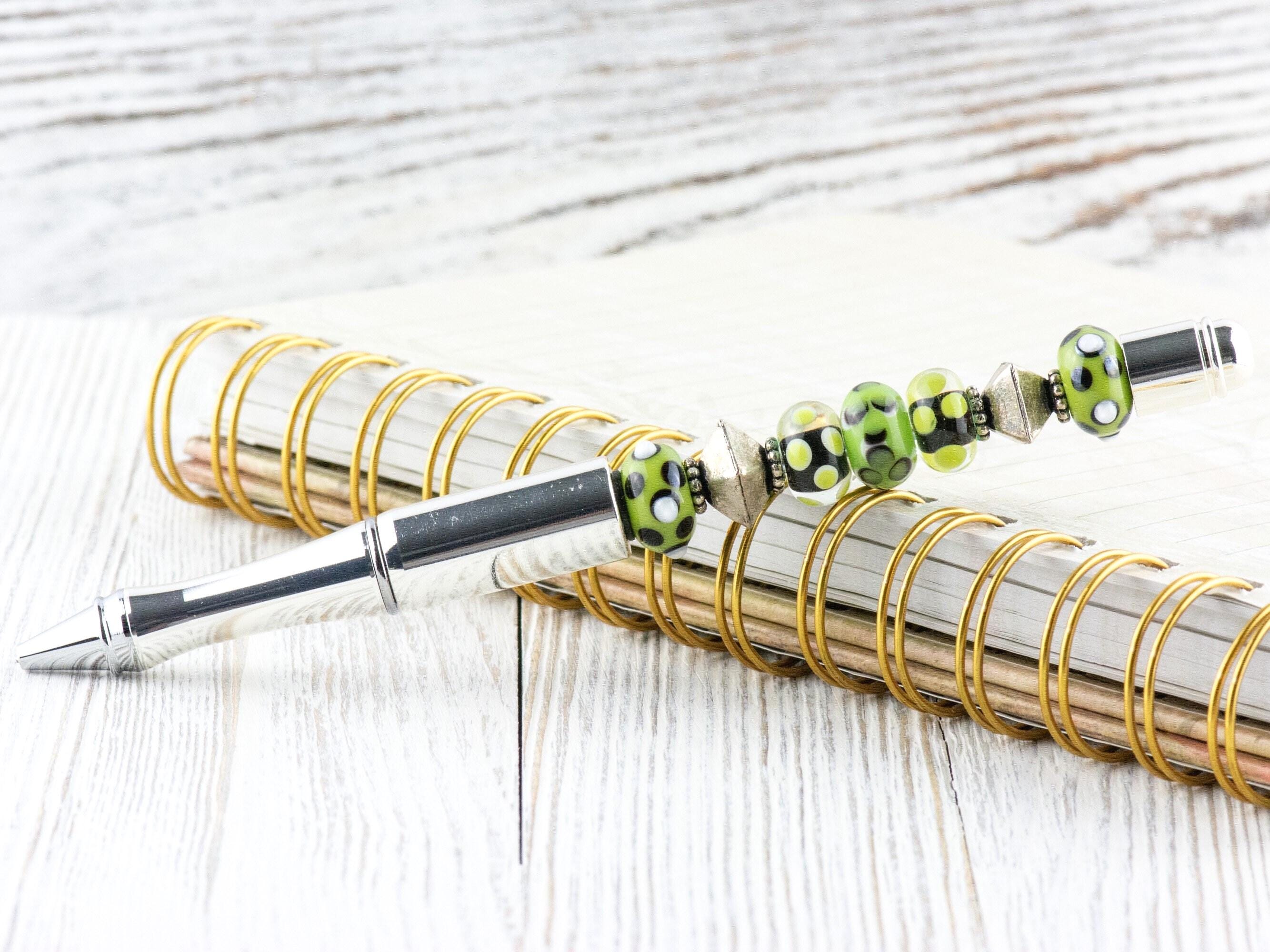 Green and Silver Beaded Metal Ballpoint Pen with Lampwork Glass Beads • Refillable