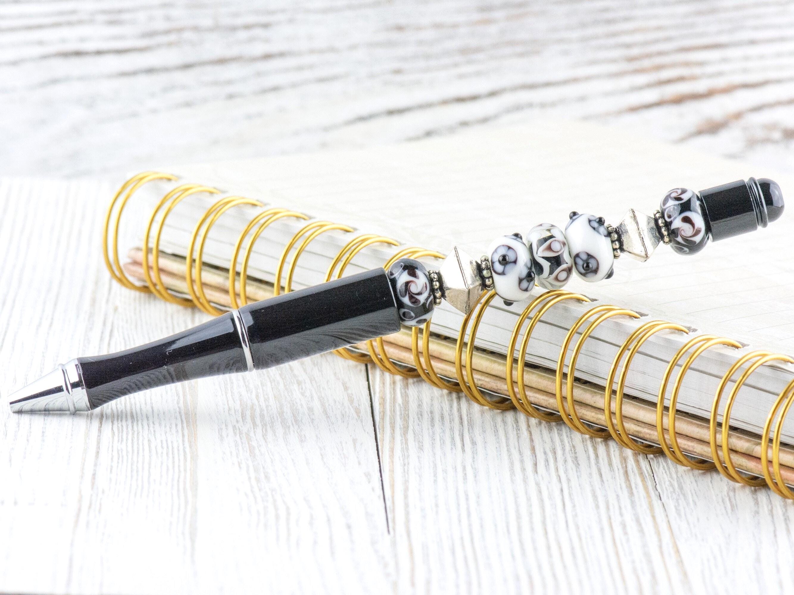 Black and White Beaded Metal Ballpoint Pen with Lampwork Glass Beads • Refillable