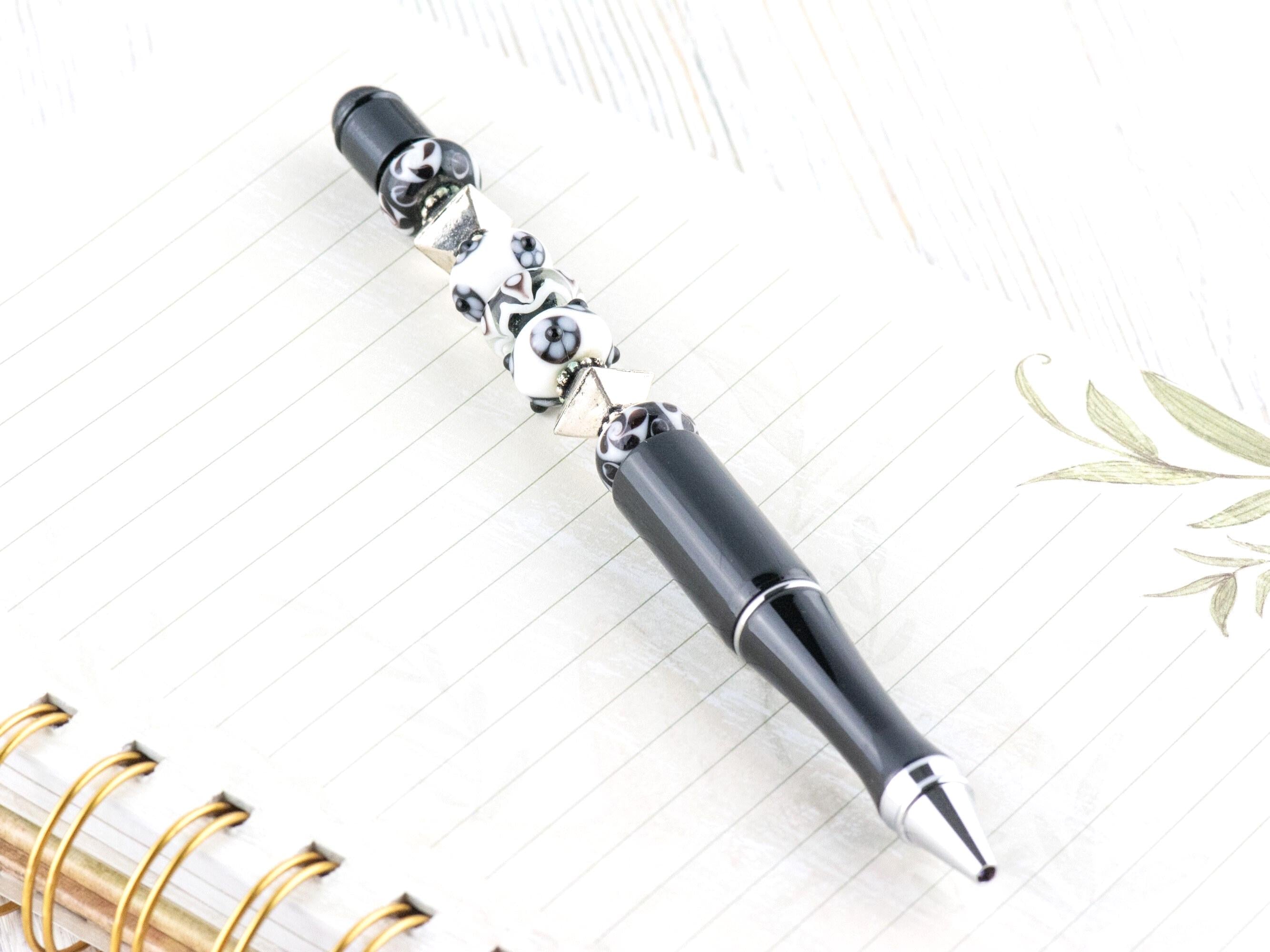 Black and White Beaded Metal Ballpoint Pen with Lampwork Glass Beads • Refillable