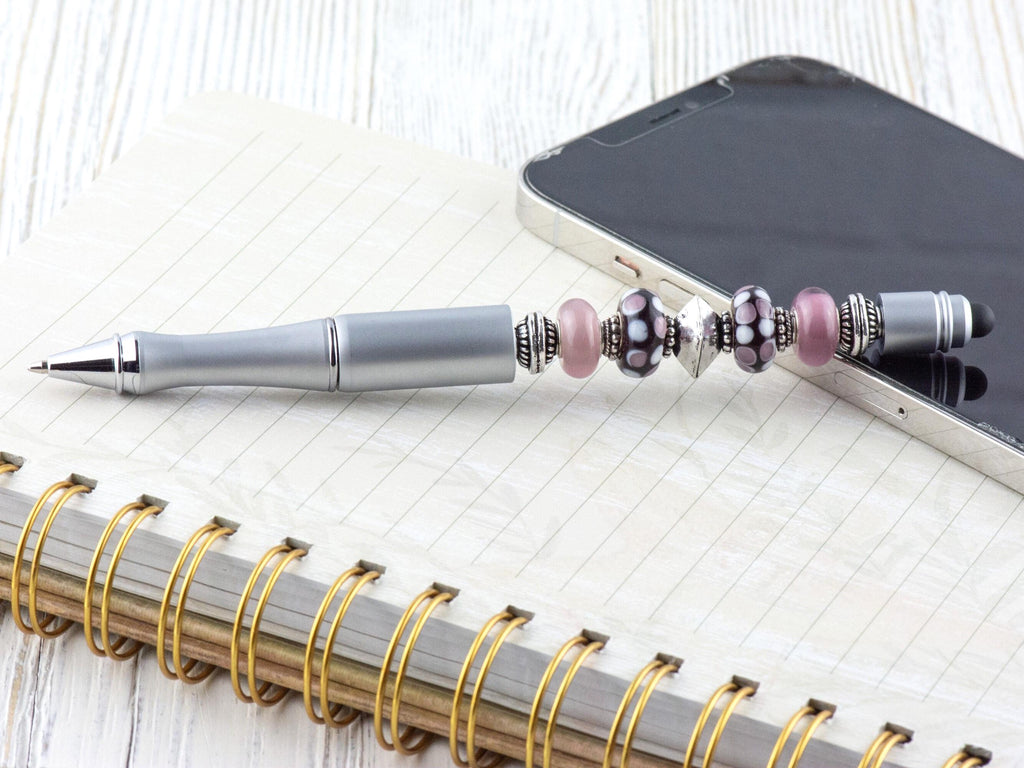 Lilac Love Beaded Silver Stylus Pen • Lampwork Glass Beads • Metal Ballpoint