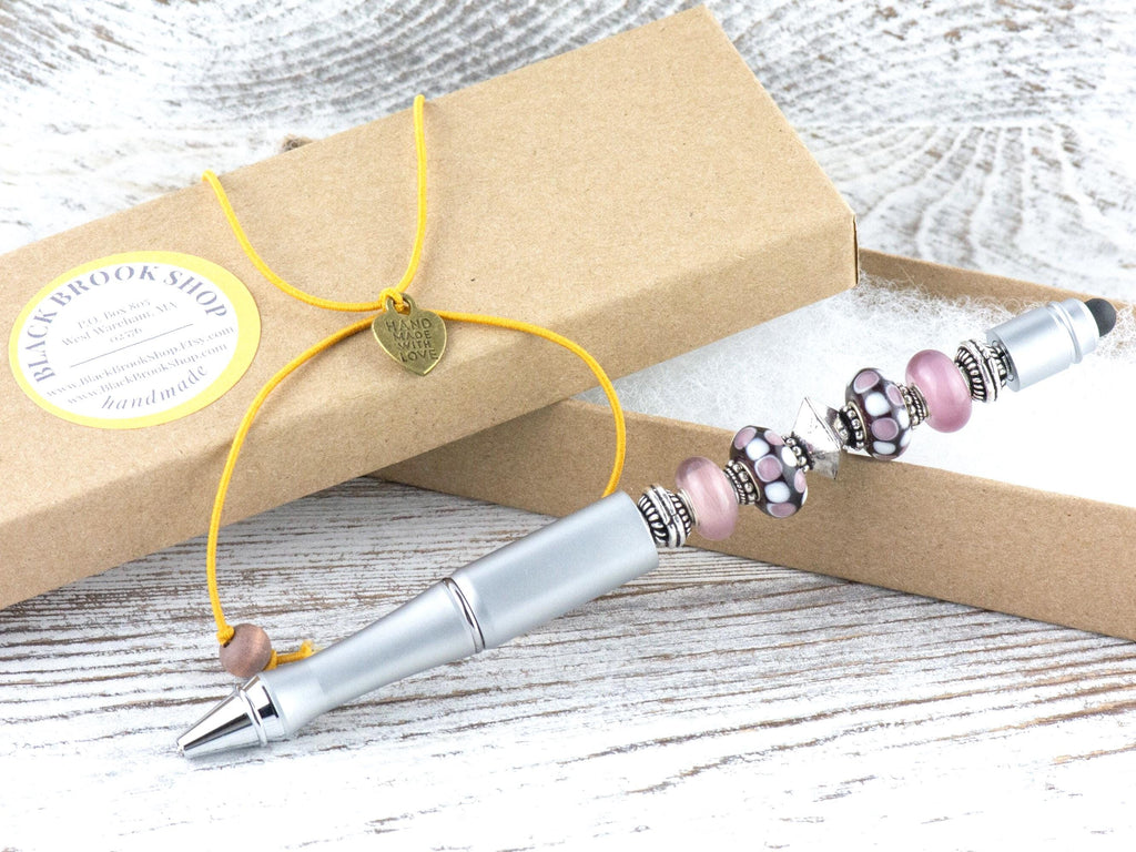 Lilac Love Beaded Silver Stylus Pen • Lampwork Glass Beads • Metal Ballpoint