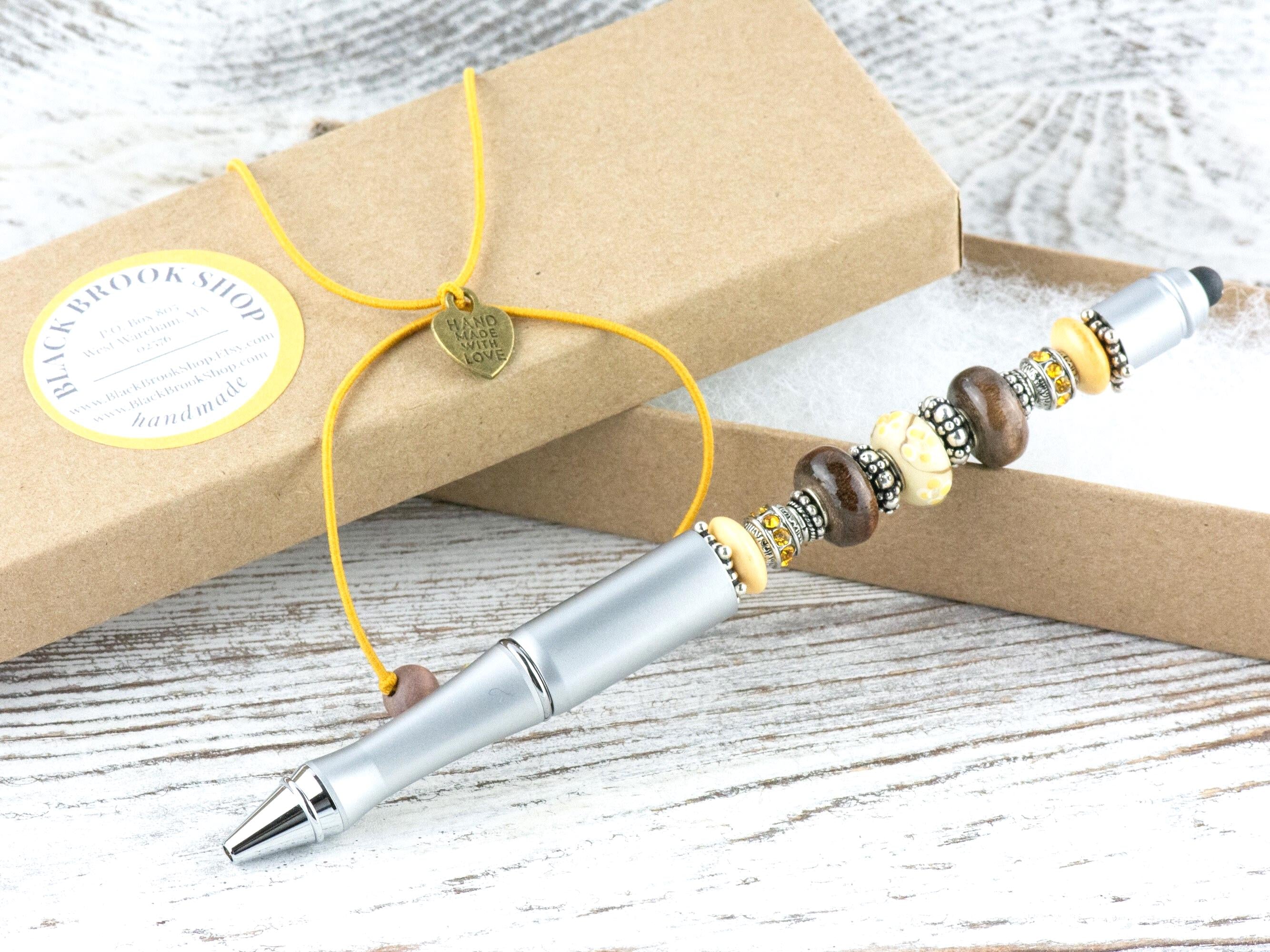 Walk Thru the Woods Beaded Silver Stylus Pen • Lampwork Glass Beads • Metal Ballpoint