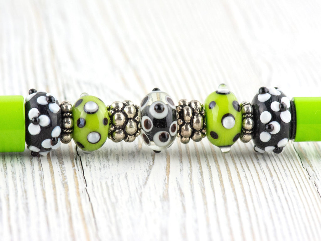Lime Green Beaded Metal Ballpoint Pen with Lampwork Glass Beads