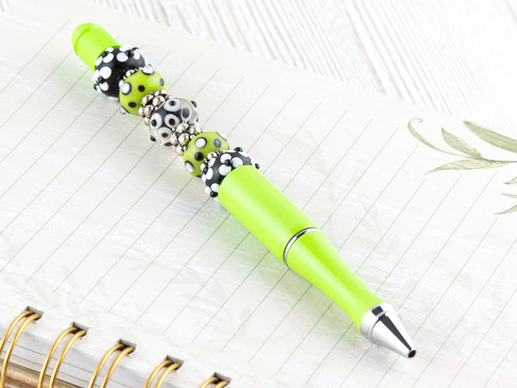 Lime Green Beaded Metal Ballpoint Pen with Lampwork Glass Beads