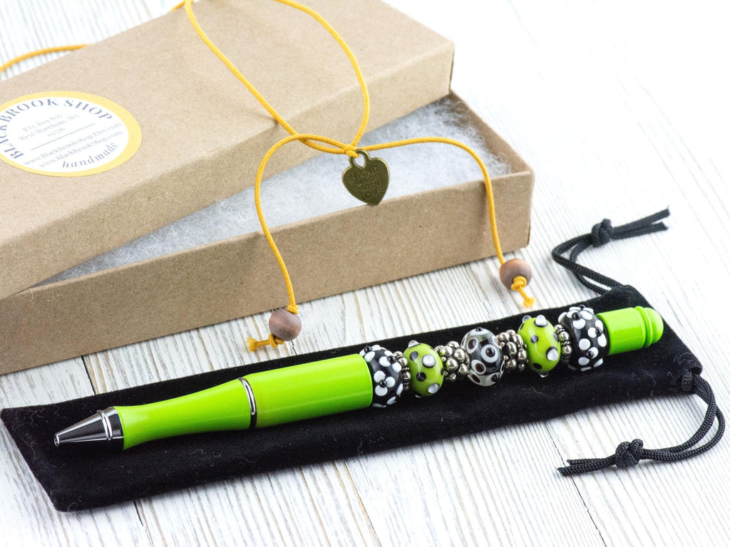 Lime Green Beaded Metal Ballpoint Pen with Lampwork Glass Beads