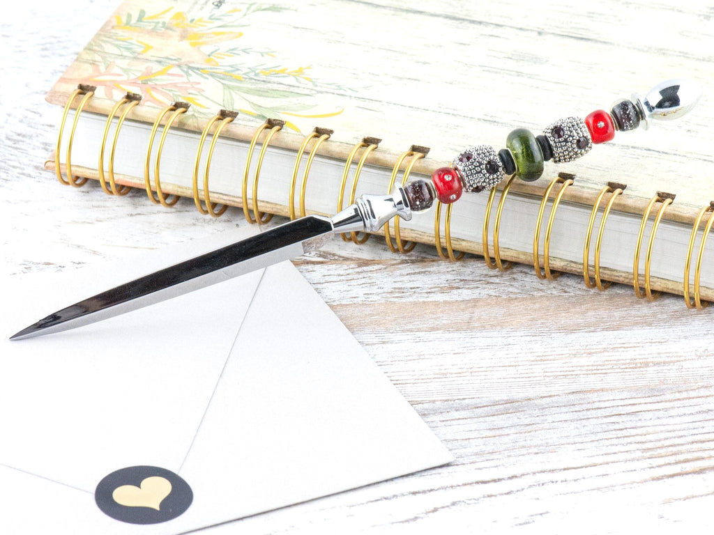 Vintage Christmas Glass Beaded Silver Letter Opener • Paper Knife • Desk Accessory