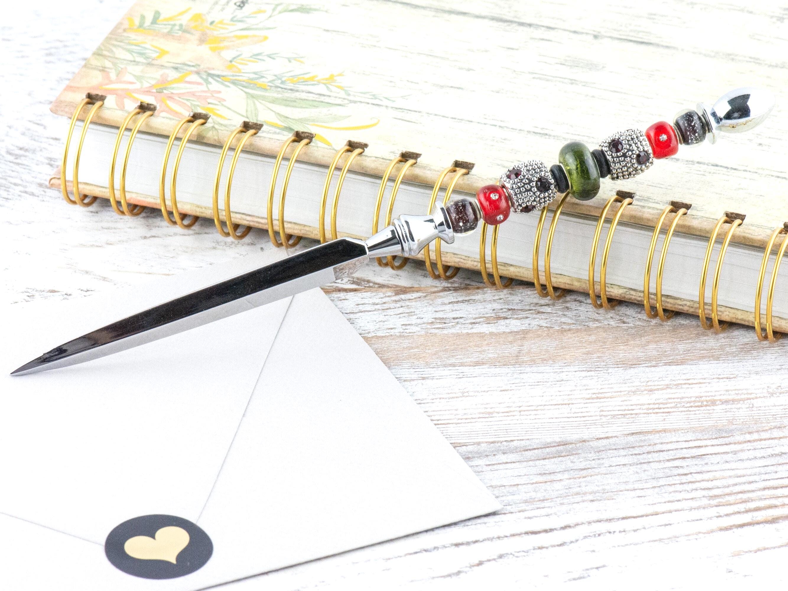 Vintage Christmas Glass Beaded Silver Letter Opener • Paper Knife • Desk Accessory