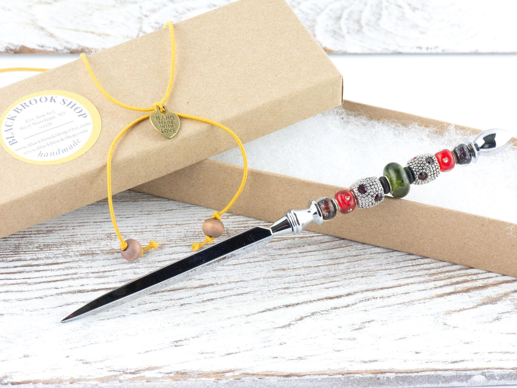 Vintage Christmas Glass Beaded Silver Letter Opener • Paper Knife • Desk Accessory