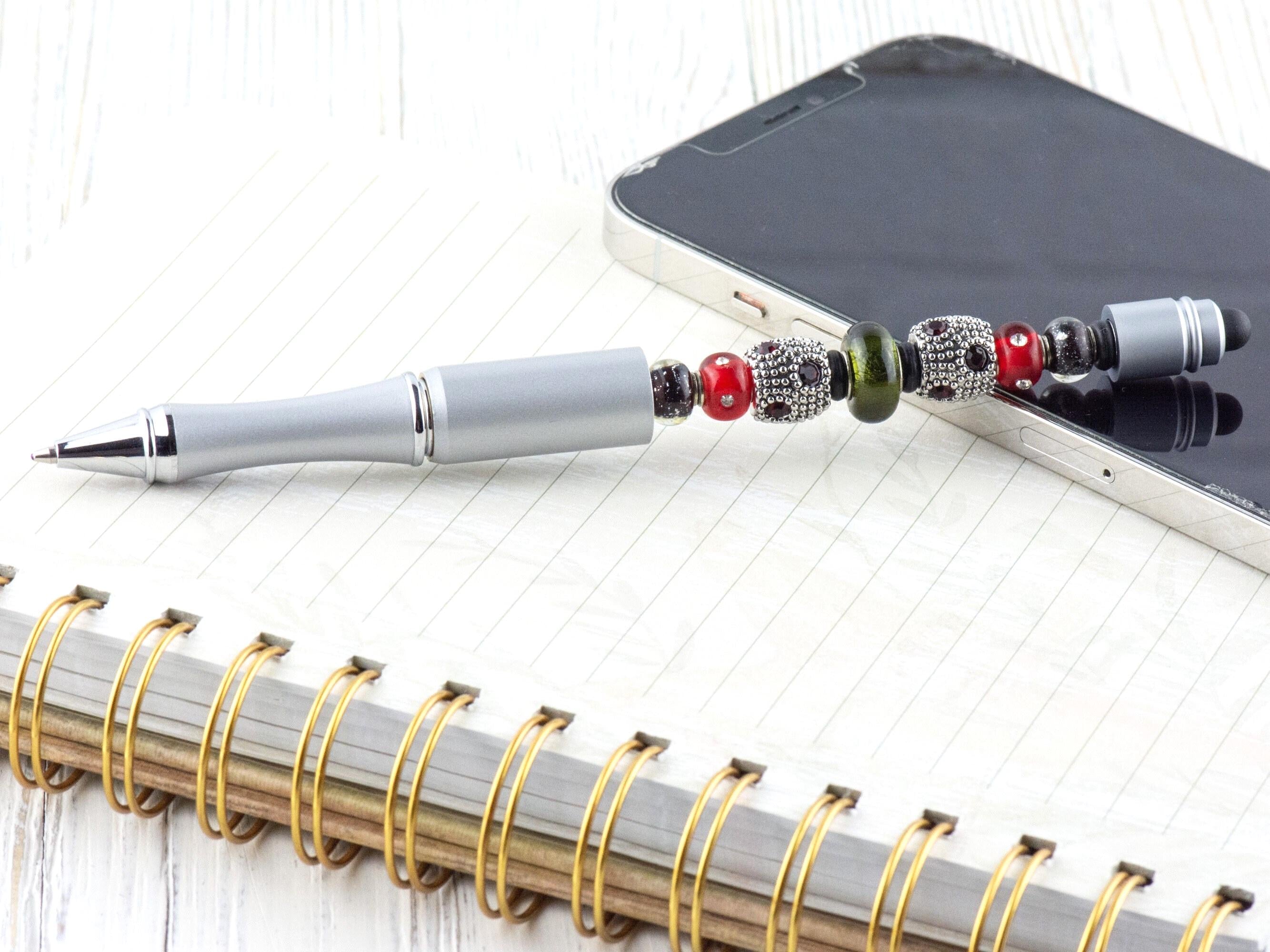 Vintage Christmas Beaded Silver Stylus Pen • Lampwork Glass Beads • Metal Ballpoint