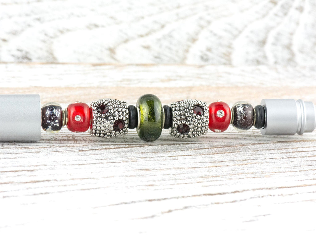 Vintage Christmas Beaded Silver Stylus Pen • Lampwork Glass Beads • Metal Ballpoint