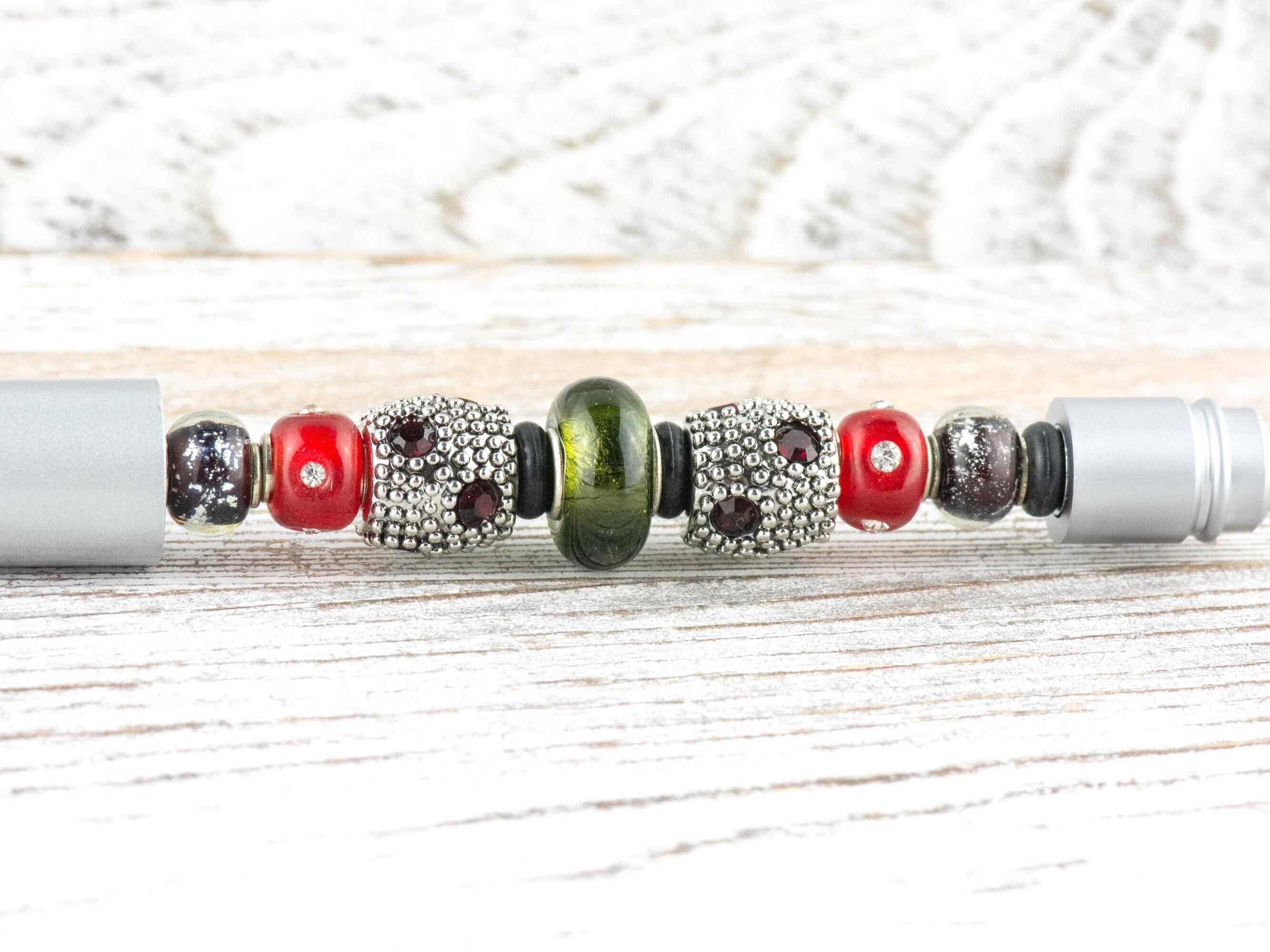Vintage Christmas Beaded Silver Stylus Pen • Lampwork Glass Beads • Metal Ballpoint