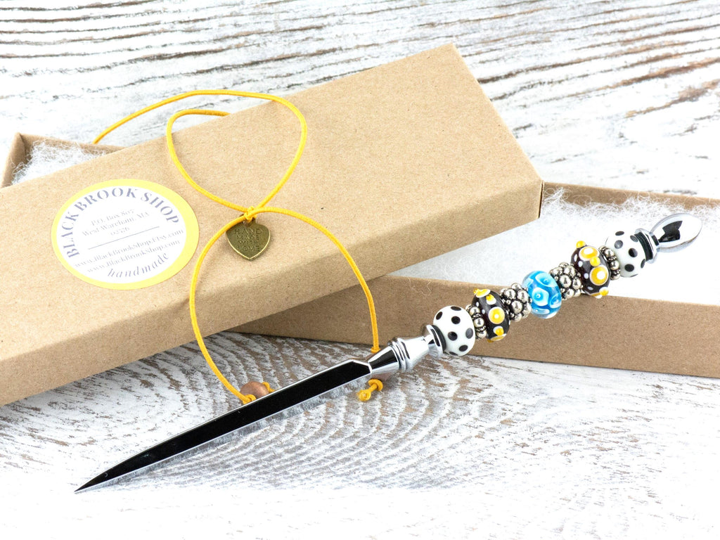 Sierra Sky Glass Beaded Silver Letter Opener • Paper Knife • Desk Accessory