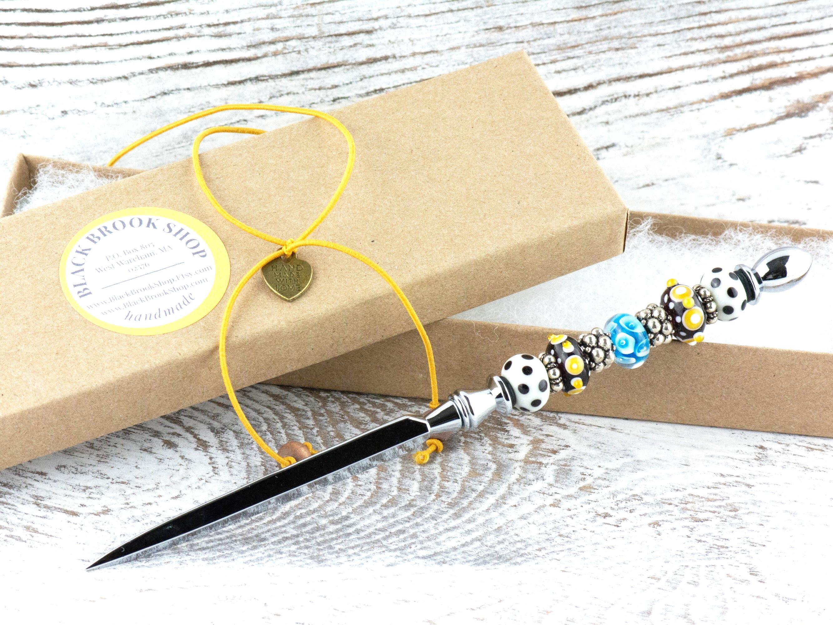 Sierra Sky Glass Beaded Silver Letter Opener • Paper Knife • Desk Accessory
