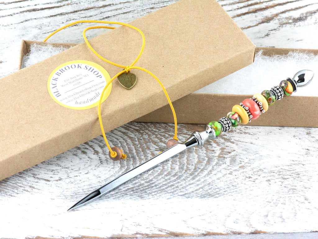 Moon Over Miami Glass Beaded Silver Letter Opener • Paper Knife • Desk Accessory