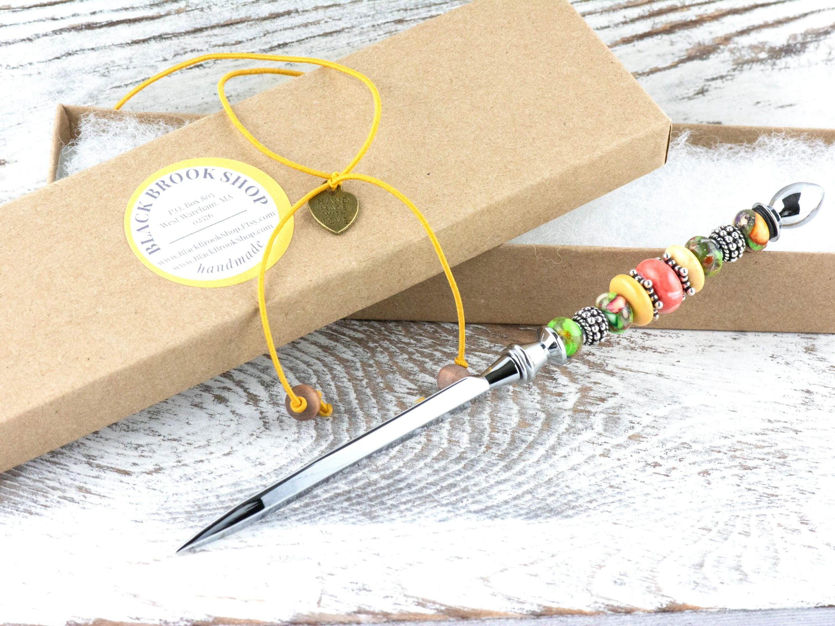 Moon Over Miami Glass Beaded Silver Letter Opener • Paper Knife • Desk Accessory
