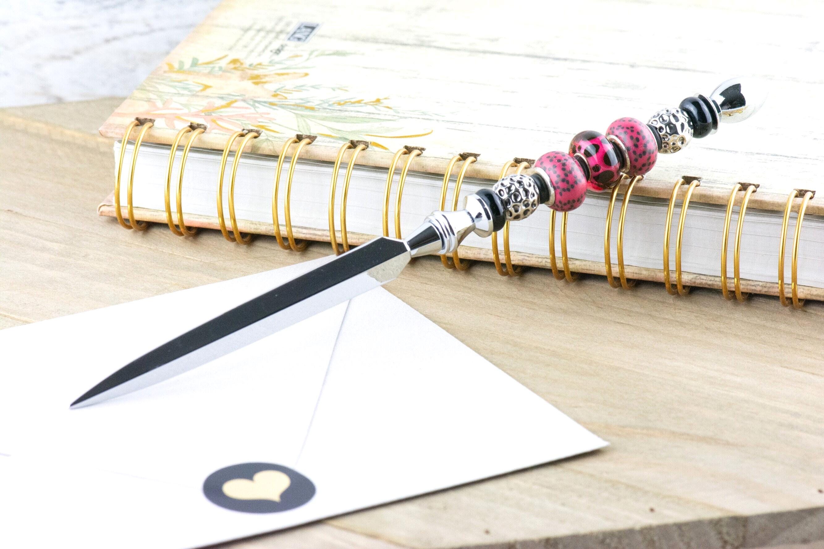 Hot Pink Glass and Clay Beaded Silver Letter Opener • Paper Knife • Desk Accessory