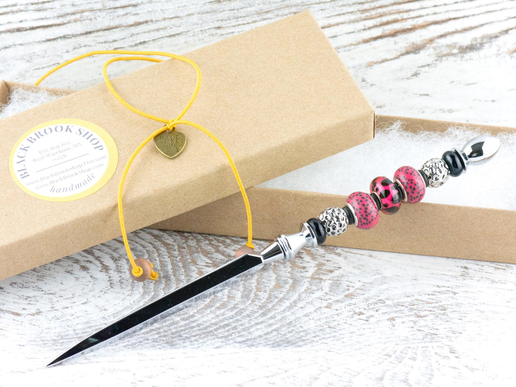 Hot Pink Glass and Clay Beaded Silver Letter Opener • Paper Knife • Desk Accessory