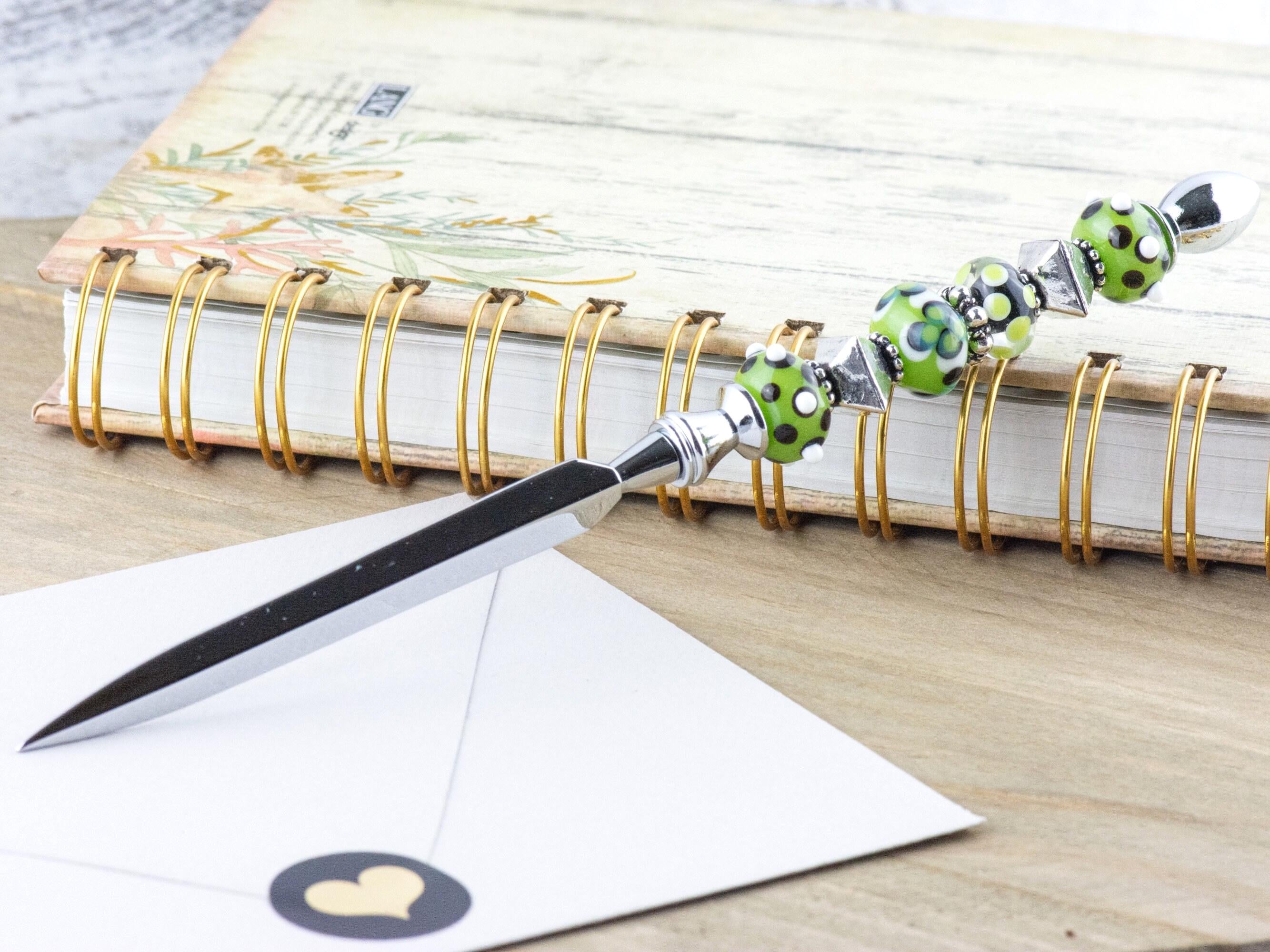 Green and Silver Glass Beaded Silver Letter Opener • Paper Knife • Desk Accessory