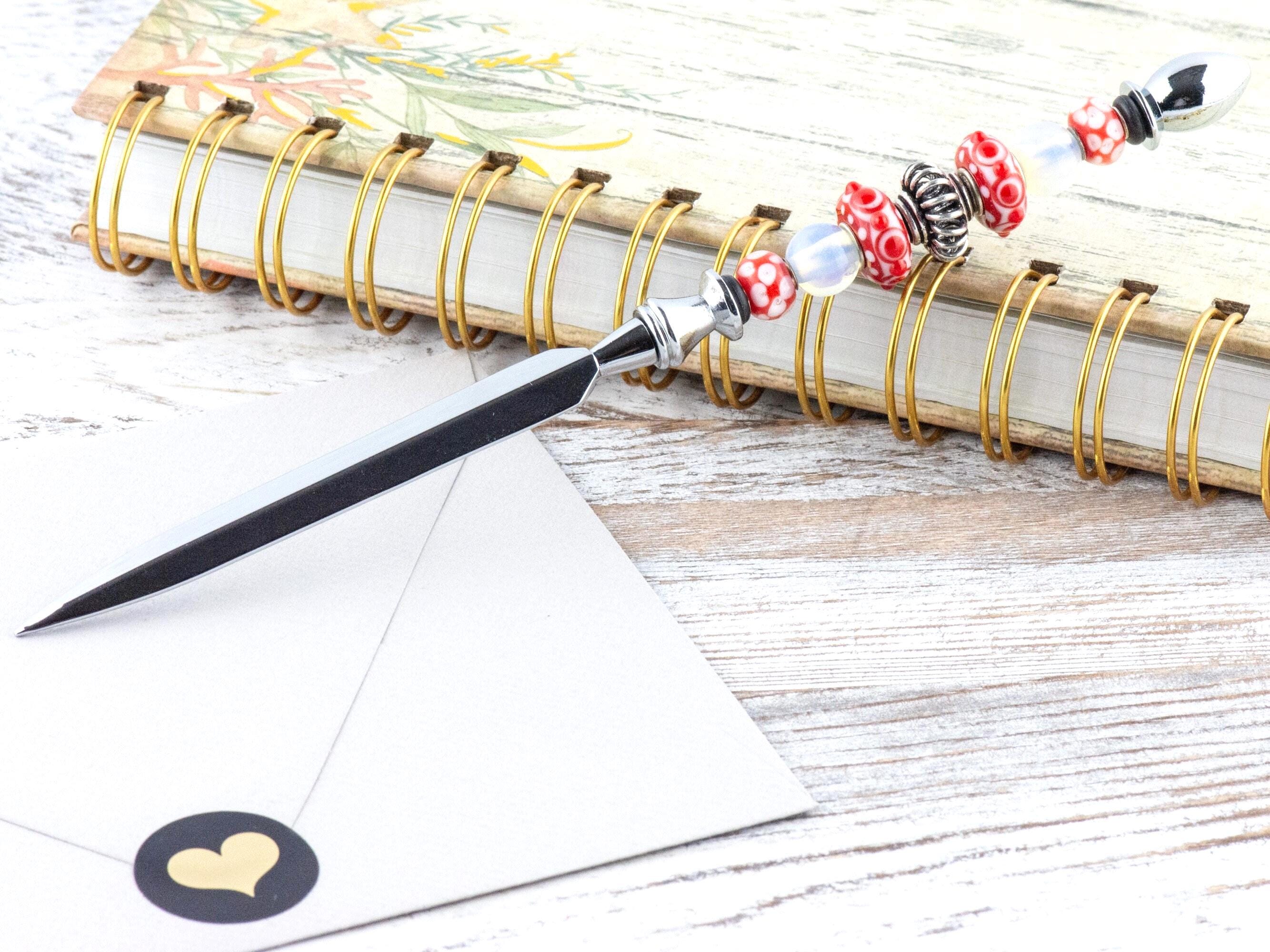 Picnic in the Park Glass Beaded Silver Letter Opener • Paper Knife • Desk Accessory