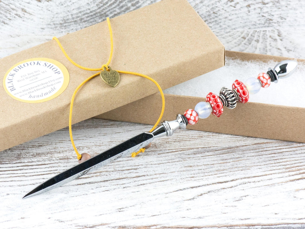 Picnic in the Park Glass Beaded Silver Letter Opener • Paper Knife • Desk Accessory