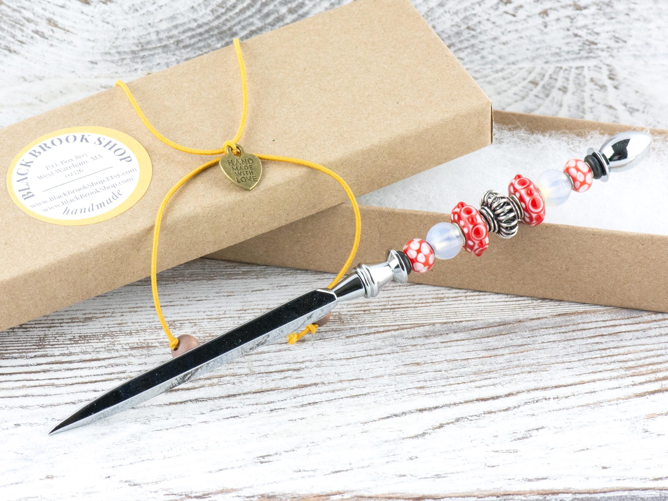 Picnic in the Park Glass Beaded Silver Letter Opener • Paper Knife • Desk Accessory