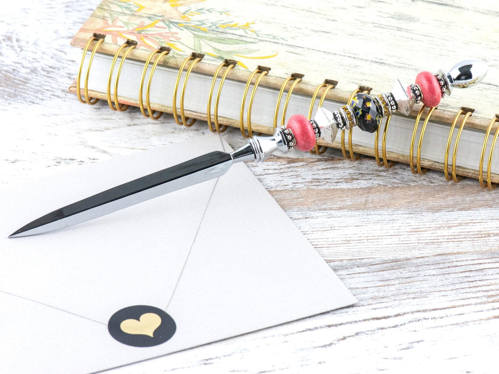 Midnight Rose Glass Beaded Silver Letter Opener • Paper Knife • Desk Accessory