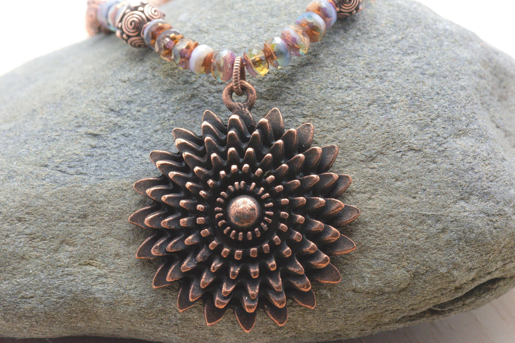 Aqua Bronze, Daisy Necklace, Flower Pendant, Copper Chain, Toggle Clasp Necklace, Handmade Beaded Jewelry