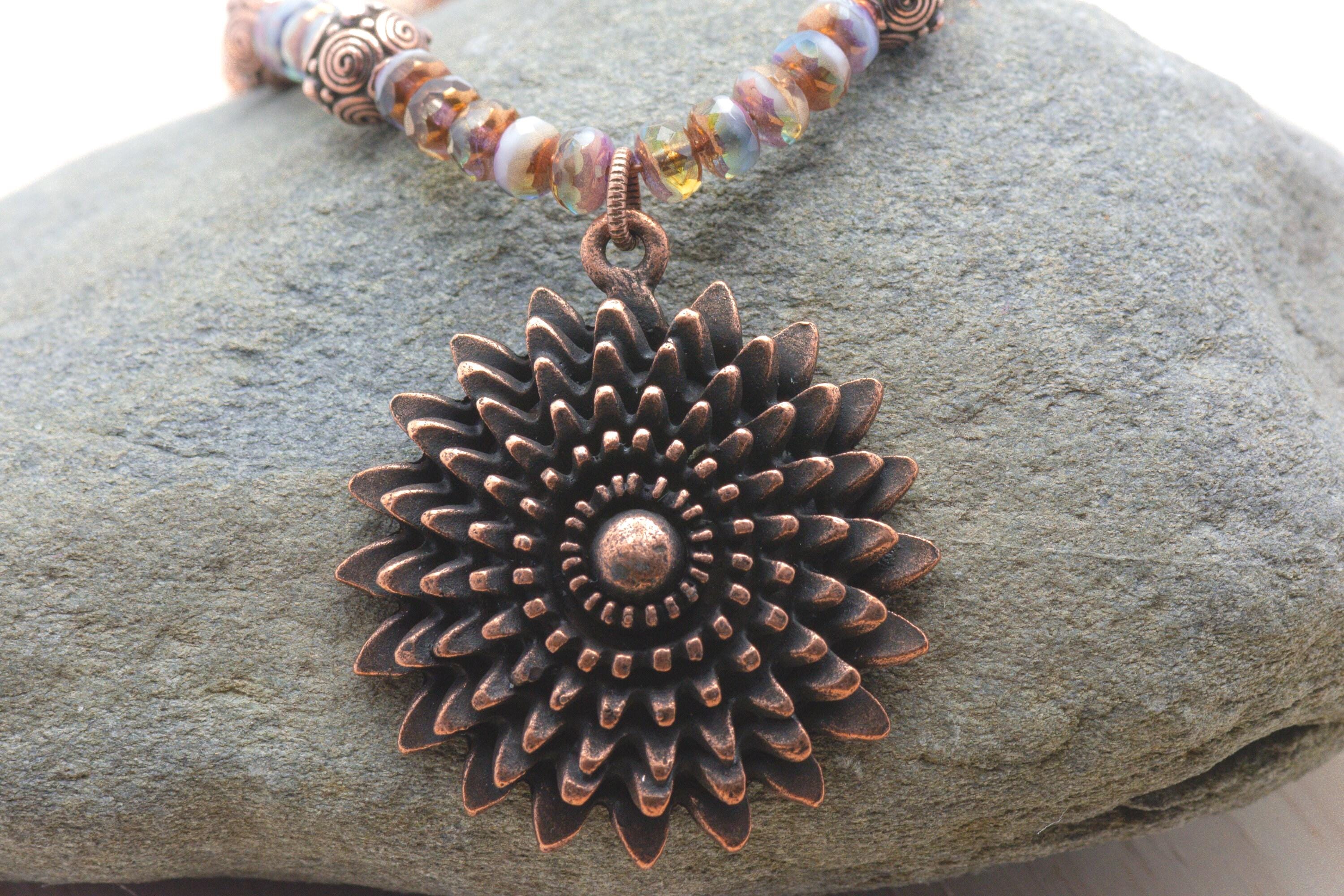 Aqua Bronze, Daisy Necklace, Flower Pendant, Copper Chain, Toggle Clasp Necklace, Handmade Beaded Jewelry