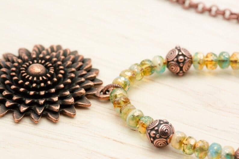 Aqua Gold, Daisy Necklace, Flower Pendant, Copper Chain, Toggle Clasp Necklace, Handmade Beaded Jewelry