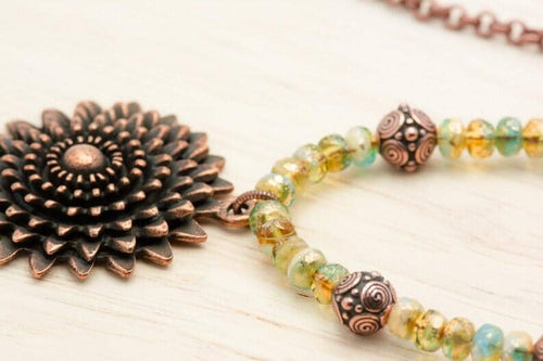 Aqua Gold, Daisy Necklace, Flower Pendant, Copper Chain, Toggle Clasp Necklace, Handmade Beaded Jewelry