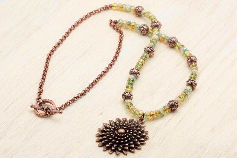 Aqua Gold, Daisy Necklace, Flower Pendant, Copper Chain, Toggle Clasp Necklace, Handmade Beaded Jewelry