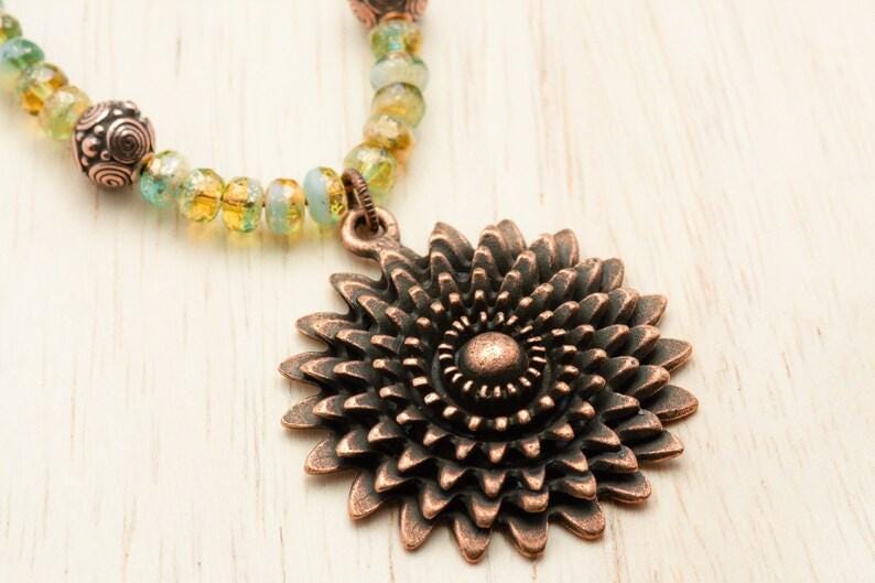 Aqua Gold, Daisy Necklace, Flower Pendant, Copper Chain, Toggle Clasp Necklace, Handmade Beaded Jewelry