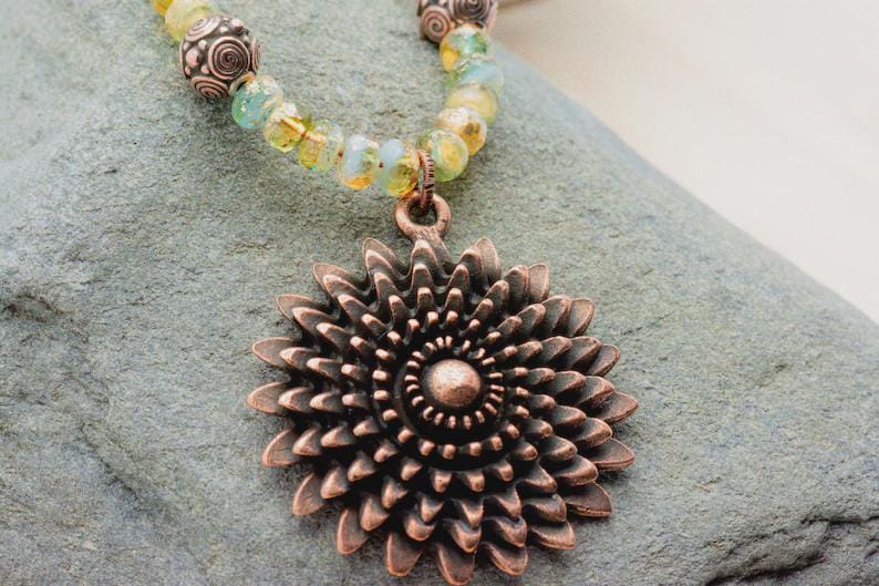 Aqua Gold, Daisy Necklace, Flower Pendant, Copper Chain, Toggle Clasp Necklace, Handmade Beaded Jewelry