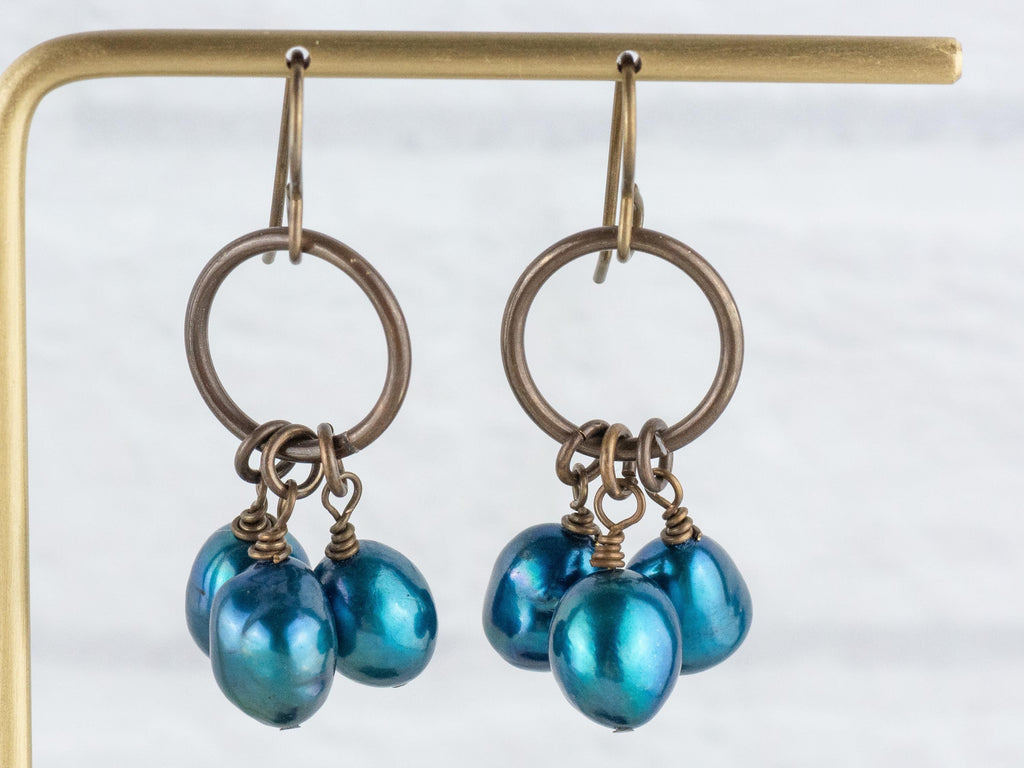 Something Blue Freshwater Pearl Brass Ring Earrings • Earthy Blue Boho Jewelry • Handmade Earrings • Jewelry Gift • Nickel-free • Lead-free