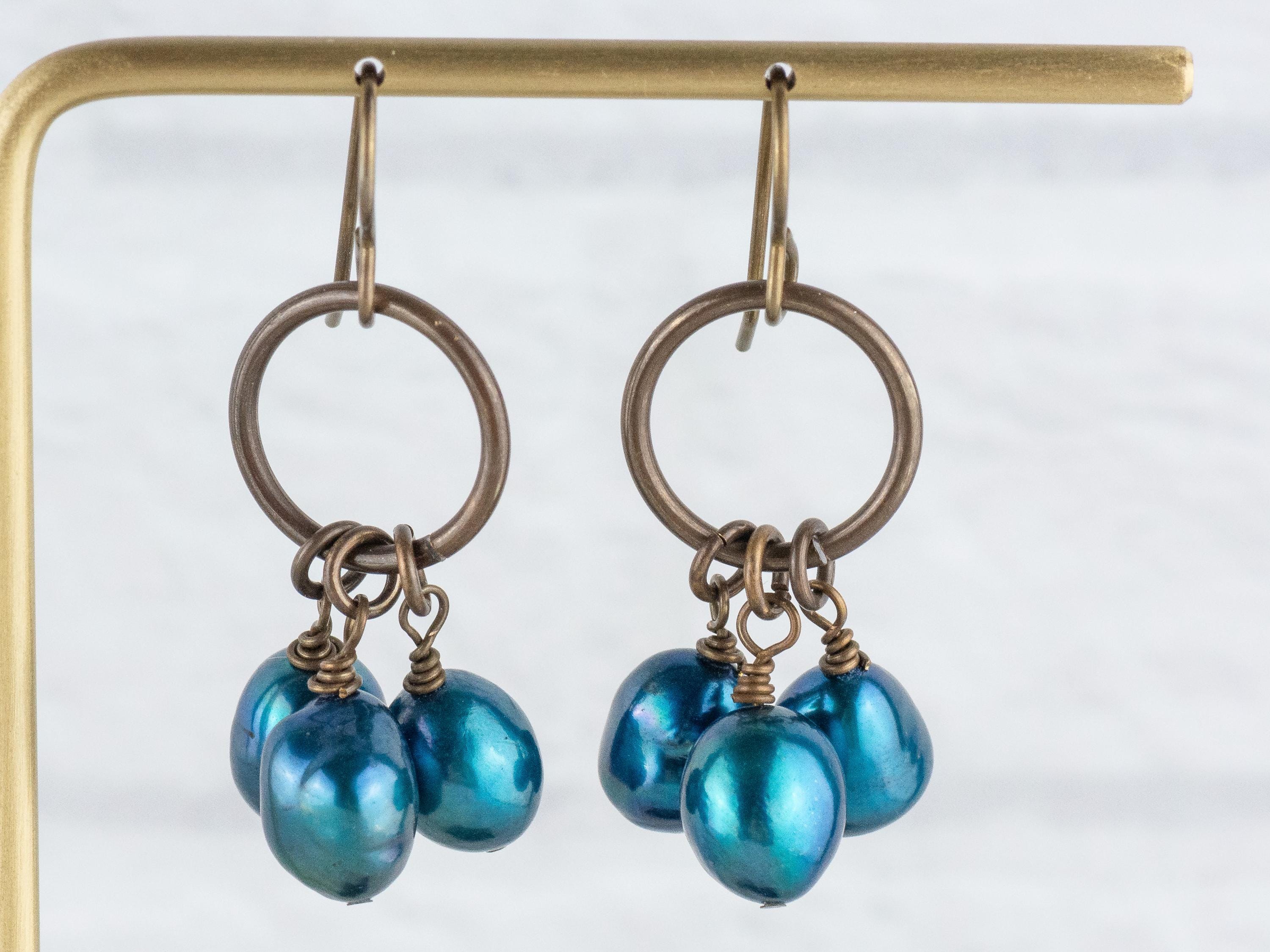 Something Blue Freshwater Pearl Brass Ring Earrings • Earthy Blue Boho Jewelry • Handmade Earrings • Jewelry Gift • Nickel-free • Lead-free